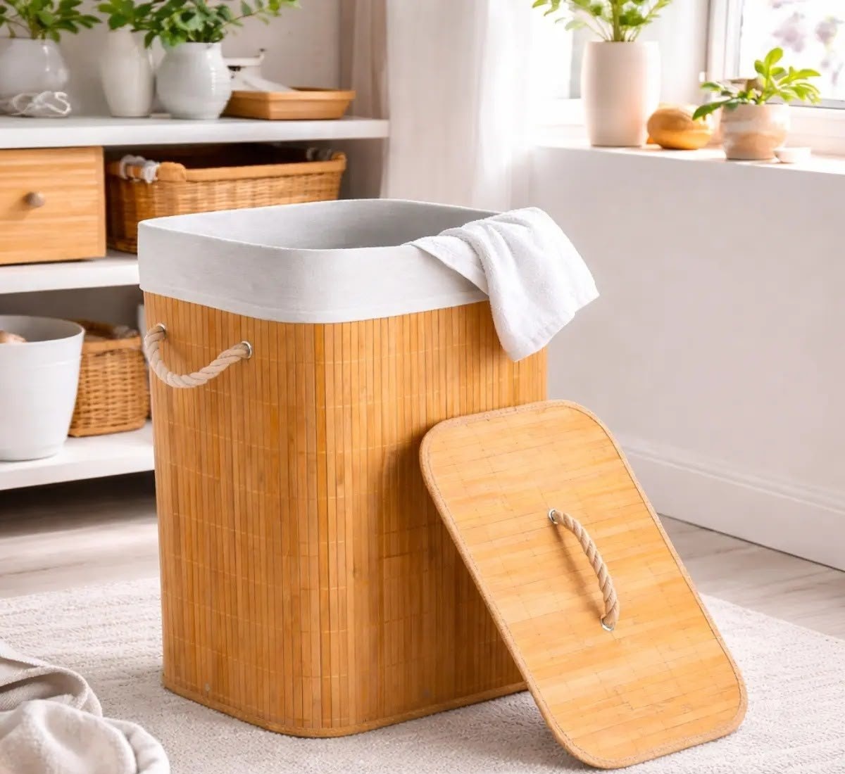 Cesto De Roupa Bambu Dobrável Com Tampa 72 Litros