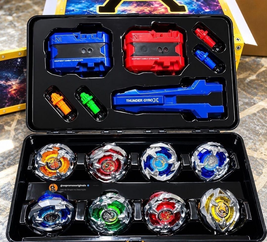 Kit Completo com 8 Pião Blade Thundegyro Batalha Lançador Beiblade