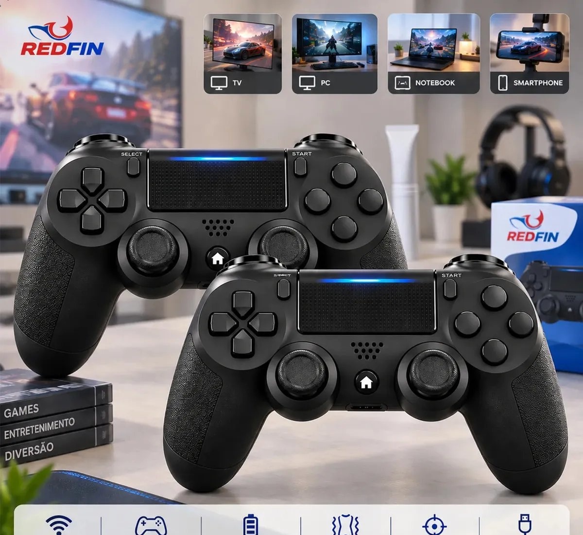 Kit 2 Controle Para Ps4 Sem Fio Redfin