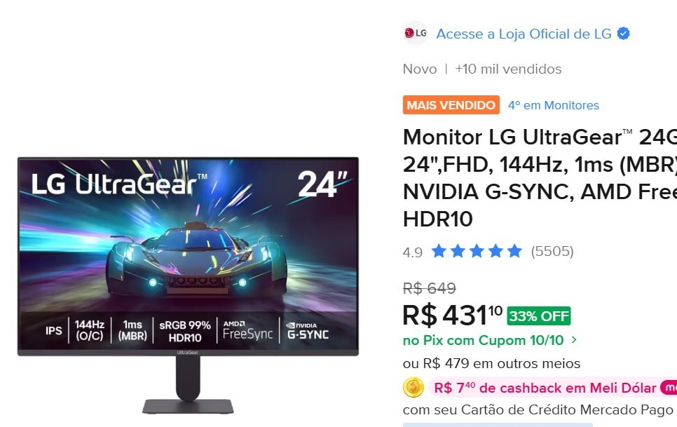 Monitor LG UltraGear 24G411A-B 24, FHD, 144Hz, 1ms MBR, NVIDIA G-SYNC, AMD FreeSync, HDR10