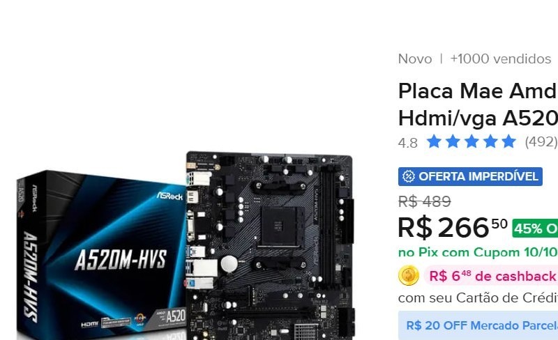 Placa Mãe AMD AM4 A520 2xDDR4 HDMIVGA A520M-HVS Asrock