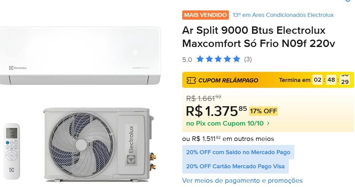 Ar-Condicionado Split 9000 Btus Electrolux Maxcomfort Só Frio N09F 220V
