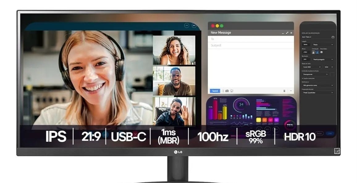 Monitor LG UltraWide - Tela IPS de 29, 219, HDR10, sRGB 99, 100Hz, Preto- 29WQ500B