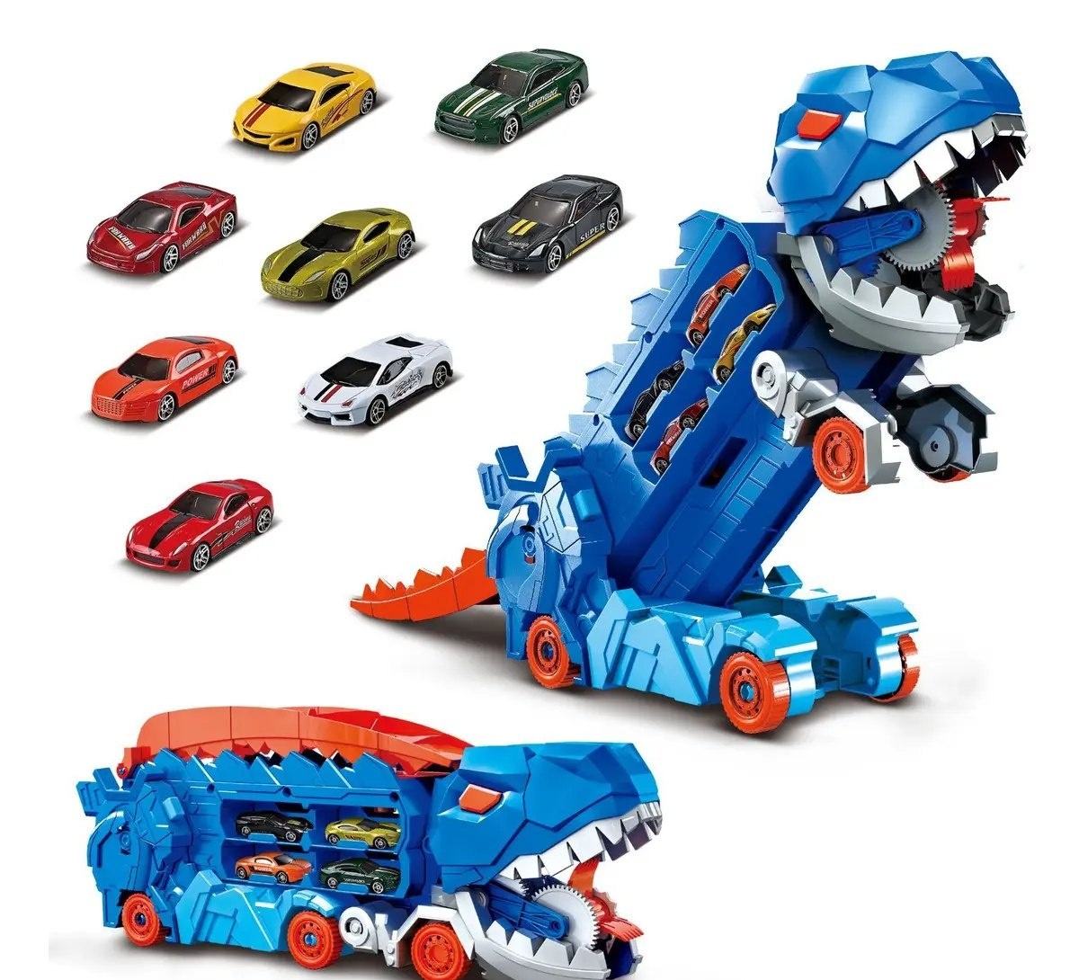 Caminhão Dinossauro Pista Com Carrinhos Maleta Transporte Cor Azul