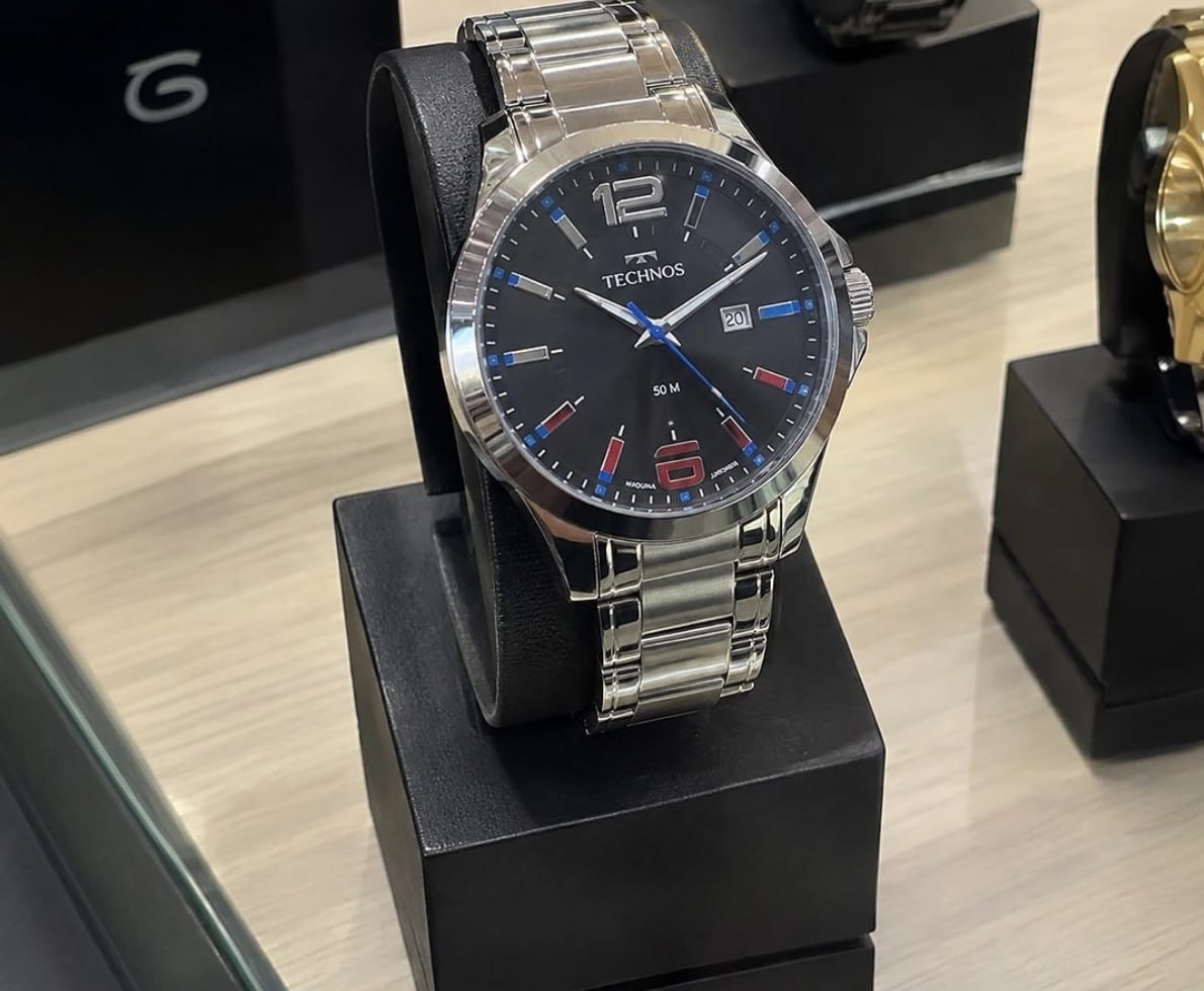 Relógio Technos Fundo Preto e Azul Prova DÁgua