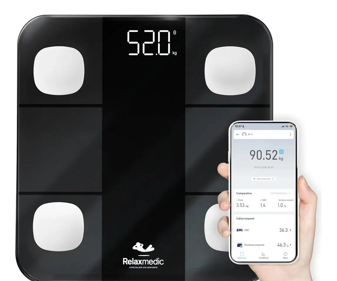 Balança Digital Corporal Bioimpedância Aplicativo Bluetooth Relaxmedic