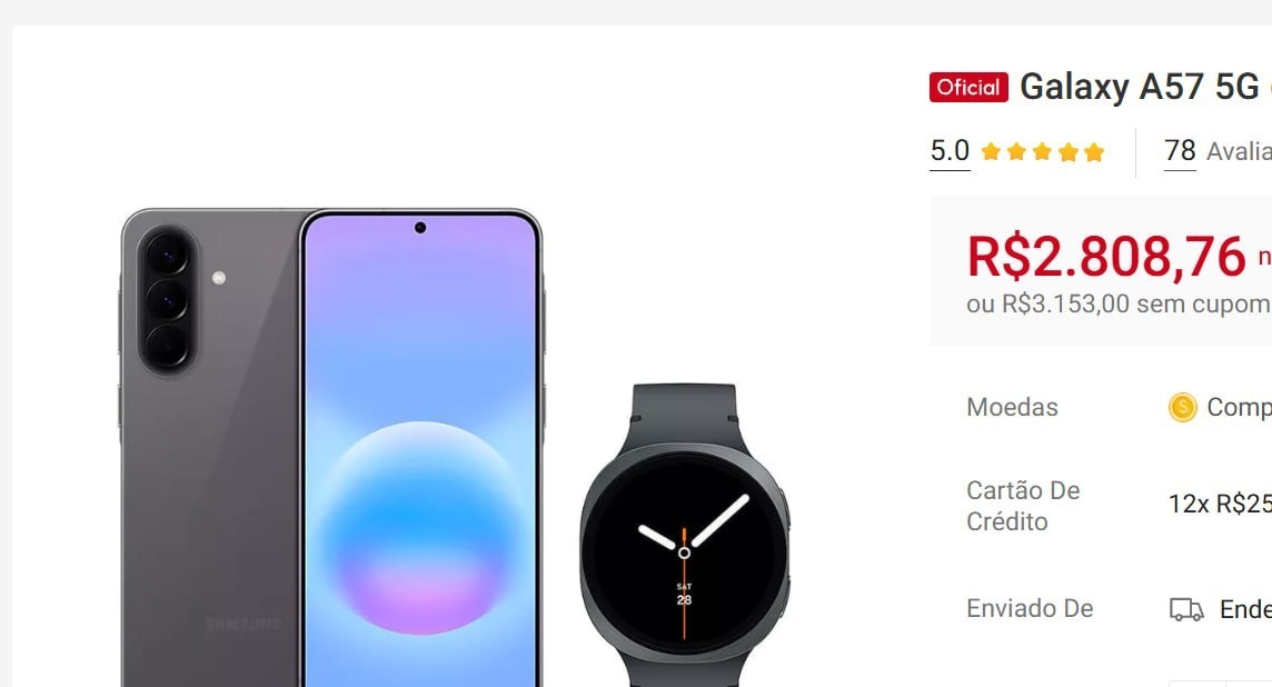 Galaxy A57 5G 256GB - Cinza  Galaxy Watch8 BT 44mm