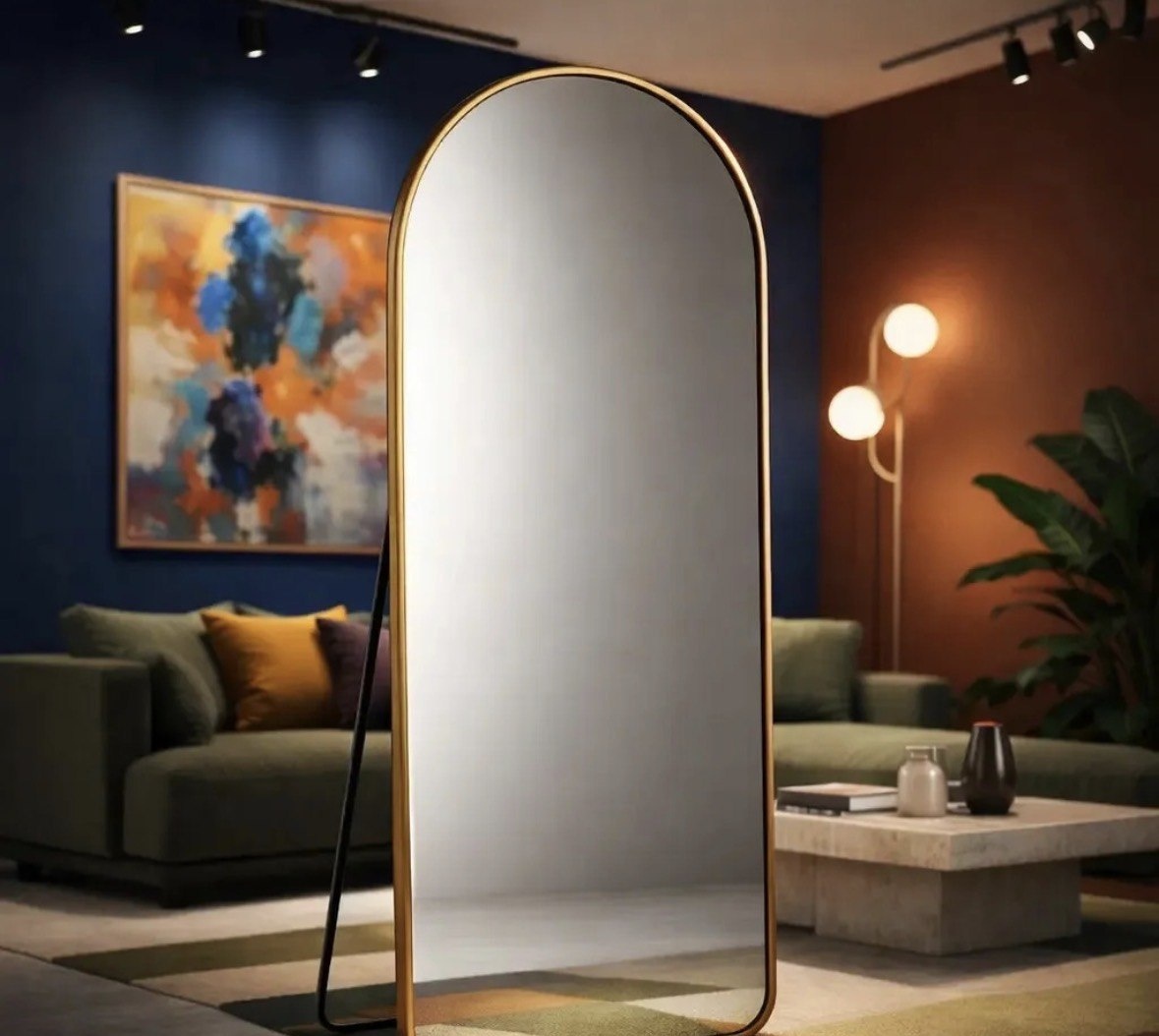 Espelho Lopazzi Oval Base Reta 170x70cm Alumínio Retrô Luxo Dourado