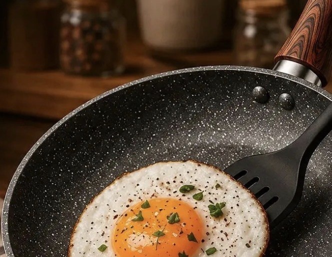 Frigideira Antiaderente Cerâmica Granito 24cm com Espátula Cabo de Madeira Indução Cooktop e Fogão a Gás Não Gruda Sem Óleo Viacruz