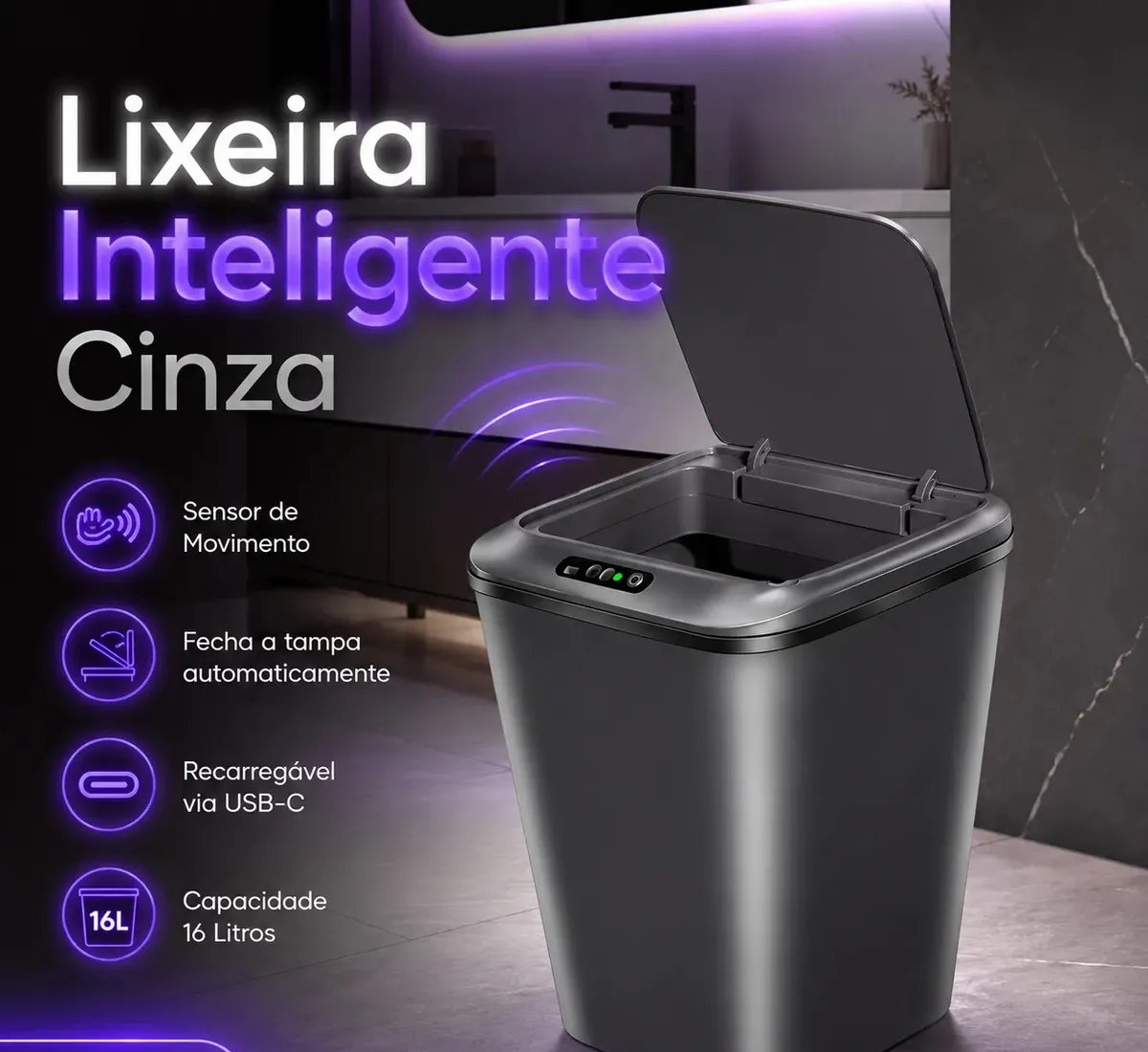 Lixeira Inteligente Sensor Automático 16l Cinza Smart Recarregável Para Banheiro E Cozinha