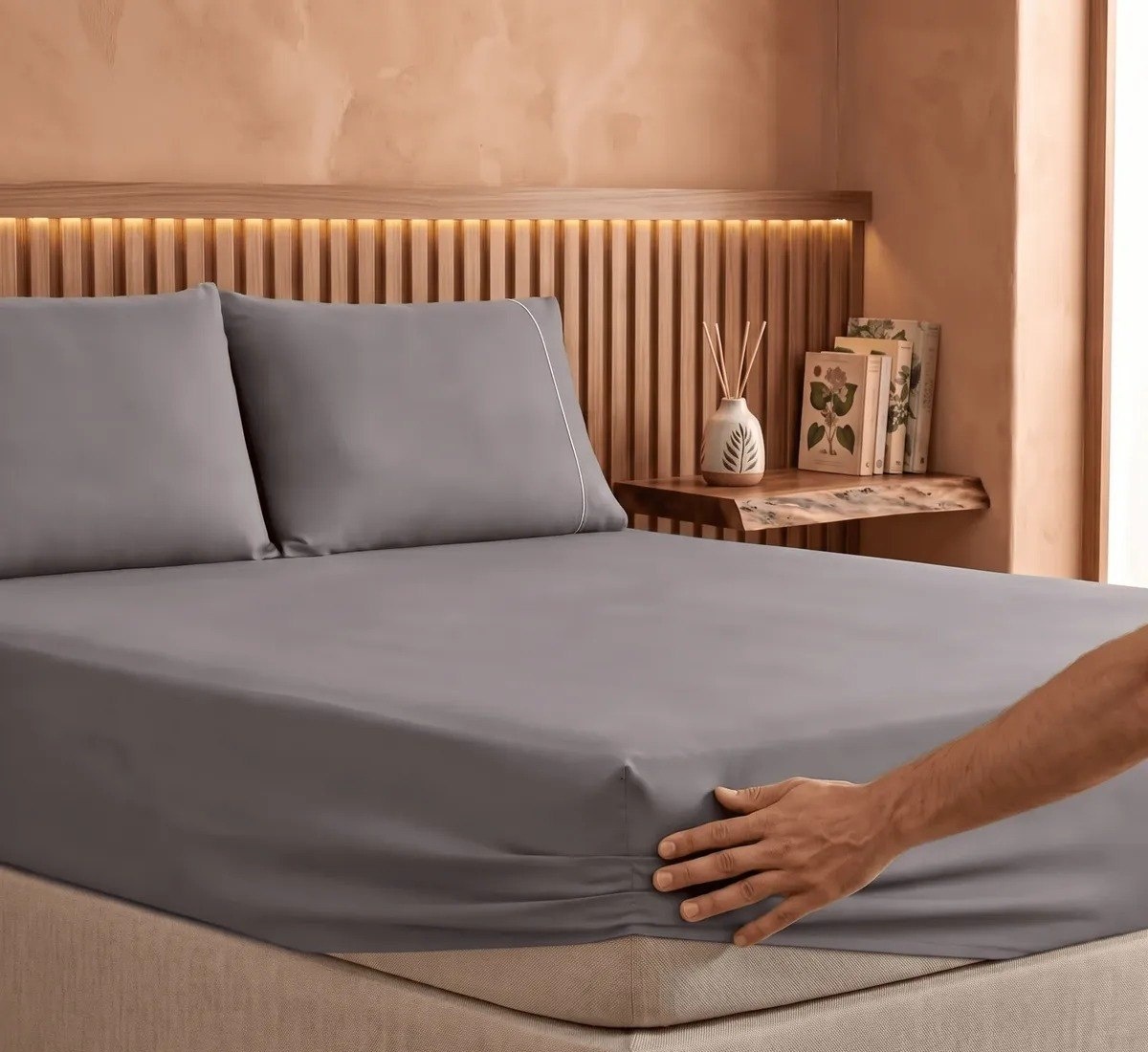 Jogo De Lençol 400 Fios Ponto Palito Cama Queen 03 Peças