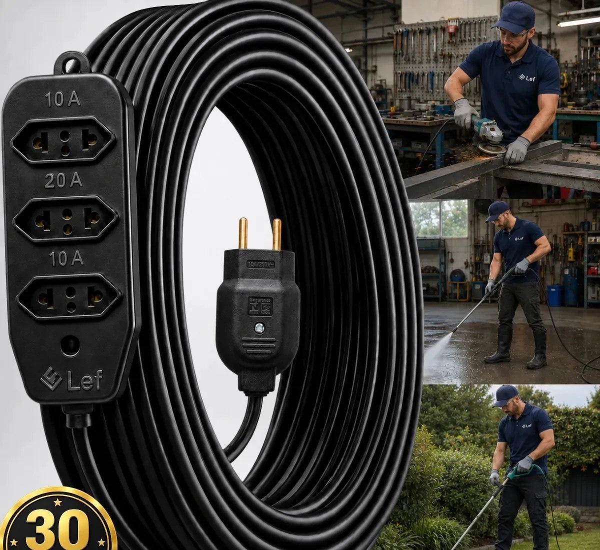 Extensão Elétrica 30 Metros Reforçada Cabo Pp Profissional 10A 20A 3 Barra de tomadas Bivolt Cabo Dupla Camada Flexível para Obra Uso Residencial Ferramentas Elétricas Lavadoras Área externa Two Lef