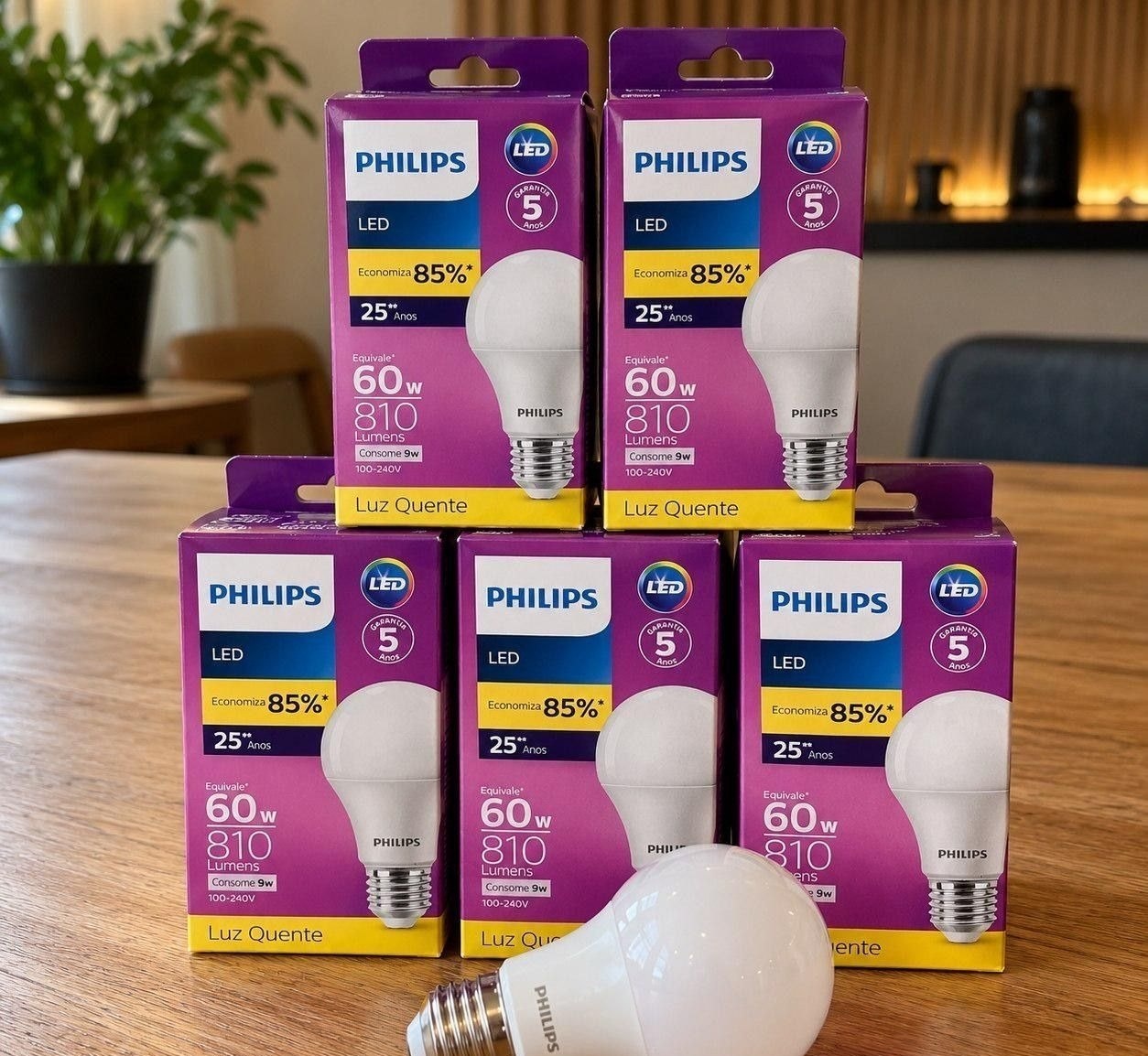 Kit com 5 Lâmpadas Philips Led Bulbo 9W 3000K Bivolt