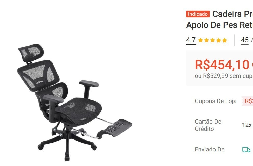 Cadeira Presidente Ergonômica Escritório Mesh Reclinável com Apoio de Pés Retrátil e Apoio de Cabeça