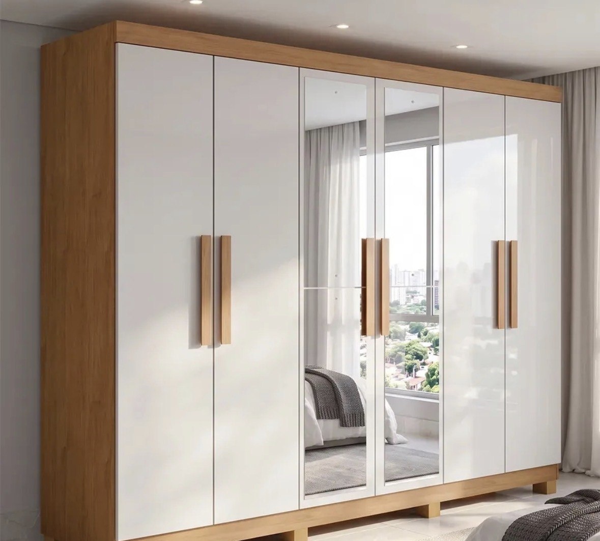 Guarda Roupa Casal 6 Portas Easy Slim Com Espelho E Pés AmêndoaOff white