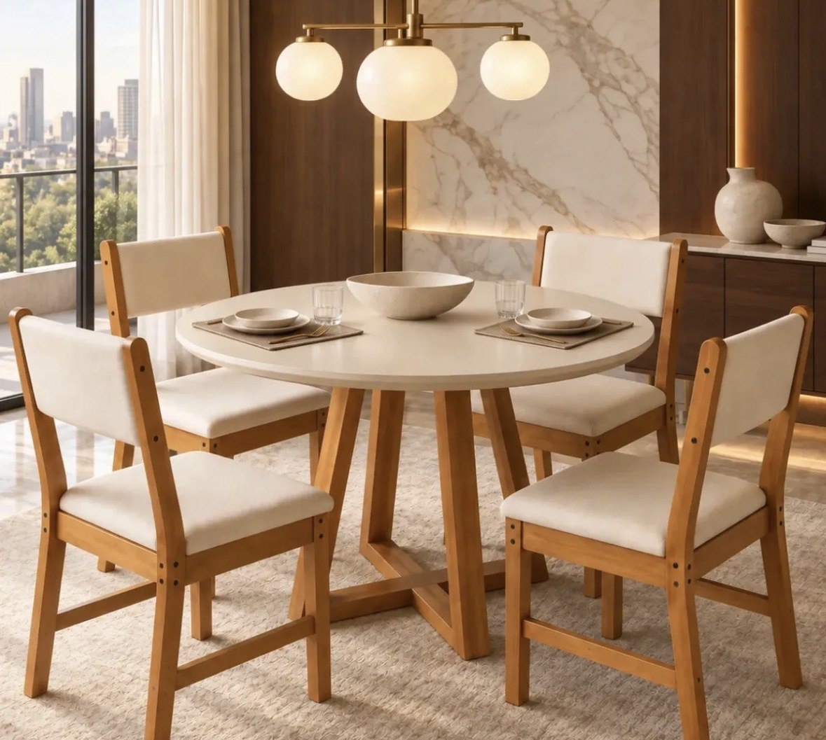 Sala de Jantar Mesa Redonda Valentina Off White Nature com 4 Cadeiras Lugano Freijó Marfim Estofadas Suede Sala Cozinha Moderna