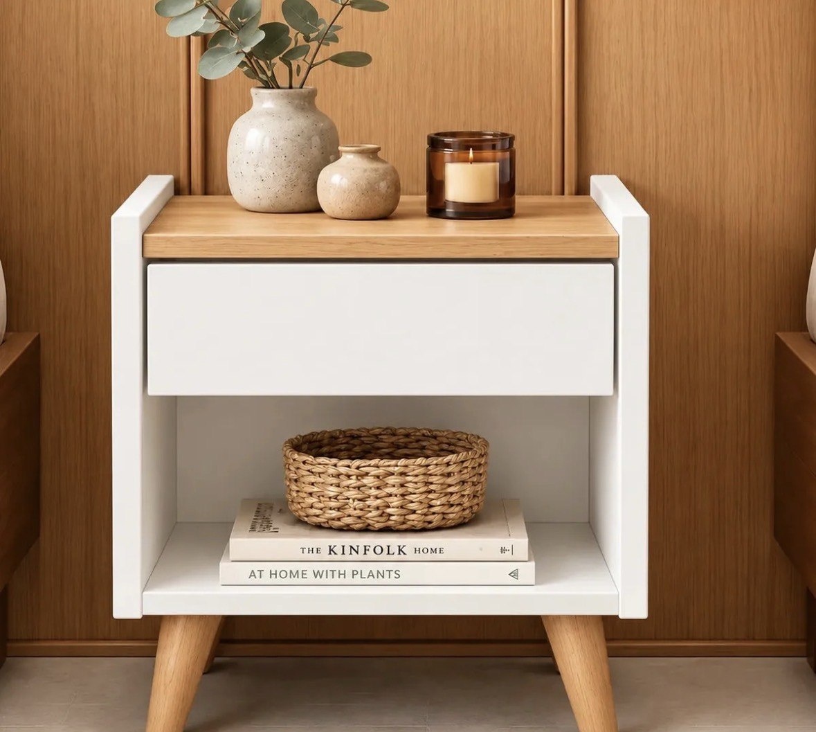 Mesinha de Cabeceira criado com gaveta para quarto de casal ou solteiro na cor Nature Amadeirado Branco Fosco Retro Luxo
