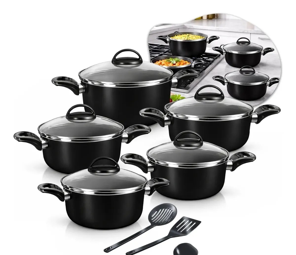 Conjunto De Panelas Caçarolas 5 Peças Antiaderente Com 3 Utensilios E Tampa De Vidro Preto