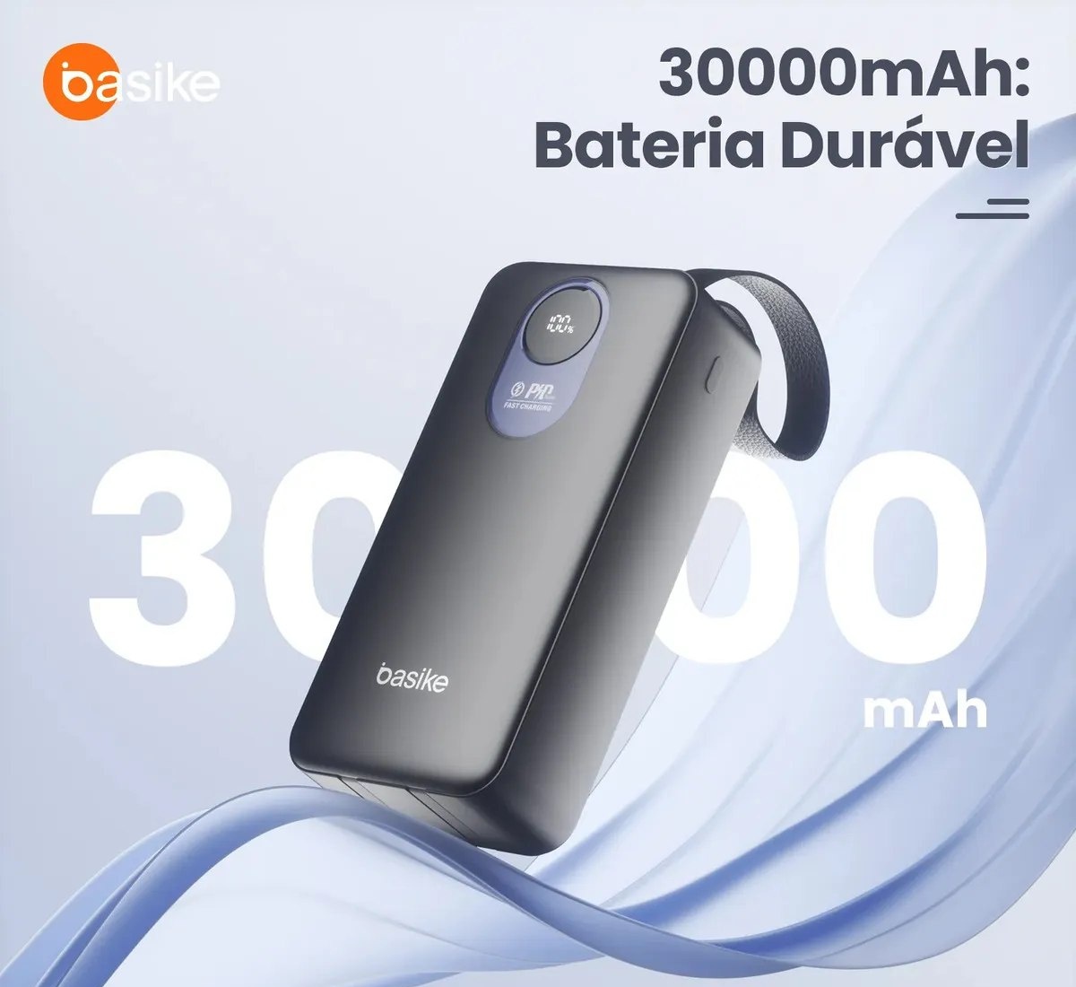 Power Bank Basike 30.000mAh Portátil, Carregamento Rápido 22.5W, com Cabos Embutidos e Display LED para iPhone e Samsung