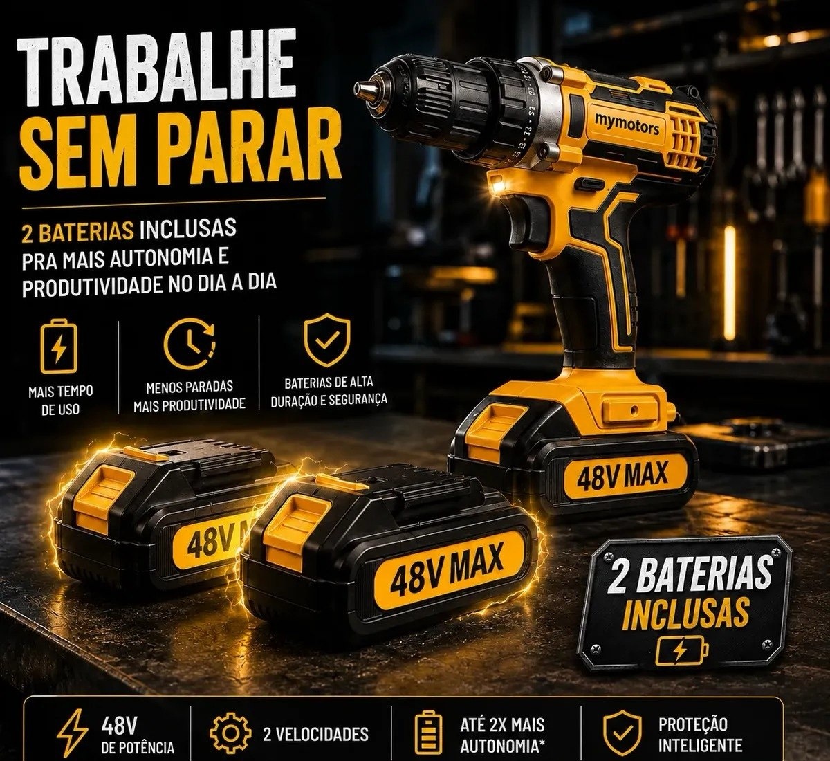 Parafusadeira Furadeira 48v Profissional 2 Baterias Sem Fio