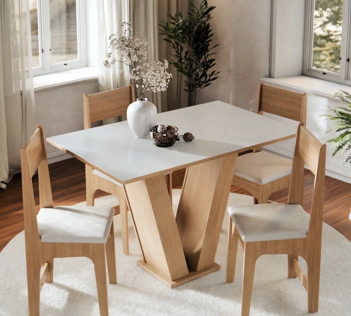 Conjunto Sala de Jantar 4 Lugares com Cadeiras Estofadas Mesa Com Tampo Retangular Semelhante Vidro Base V Mel Branco Off White