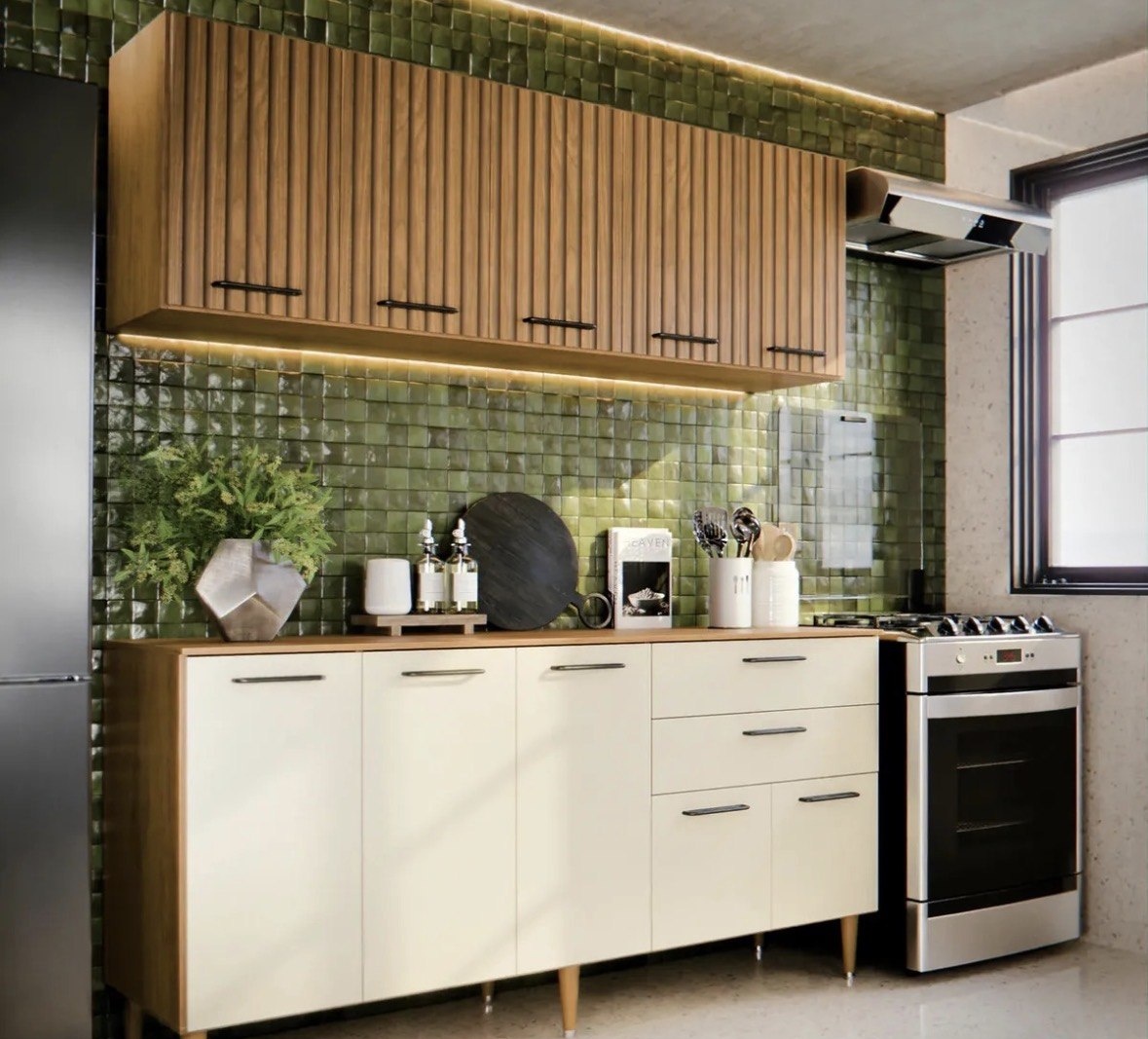 Armário De Cozinha Completo 140cm Aéreo E Balcão, 10 Portas E Gavetas, Funcional Para Cozinhas Ou Planejada Compacta Suspenso De Parede Ripado 3D Off White Bela