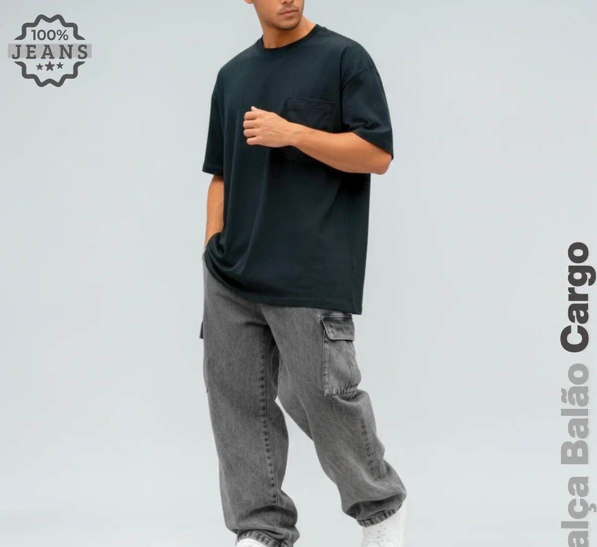 Calça Jeans Cargo Masculina Streetwear Preta Mescla 34 Ao 44
