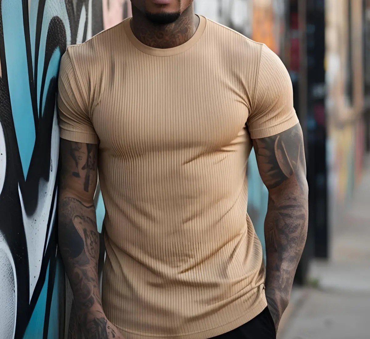 Camiseta Texturizada Elegante Masculina Básica Canelada Slim