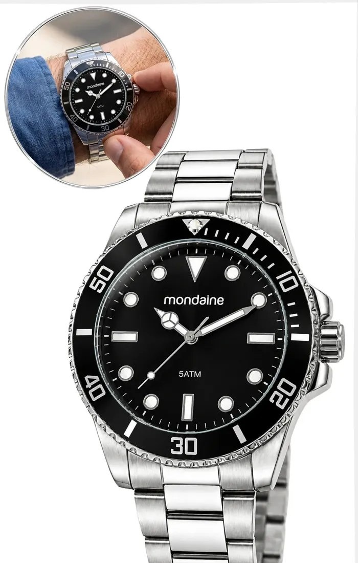 Relógio Prata Masculino Mondiane Cor da correia Prateado do fundo Preto