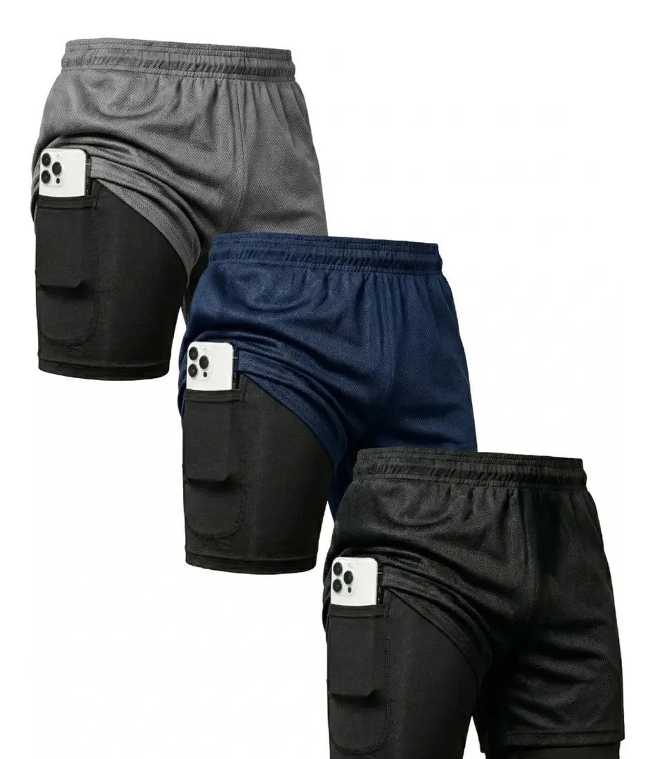 Kit 3 Shorts 2 Em 1 Duplo Bolso variações de cores disponíveis