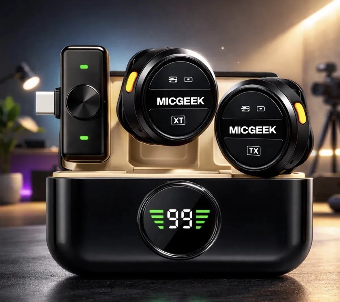 Microfone Lapela Redondo Sem Fio Tipo-C Duplo Anti Ruído P Android E iPhone 15 16 17 Com Caixinha Para Carregamento Cor Preto MICGEEK