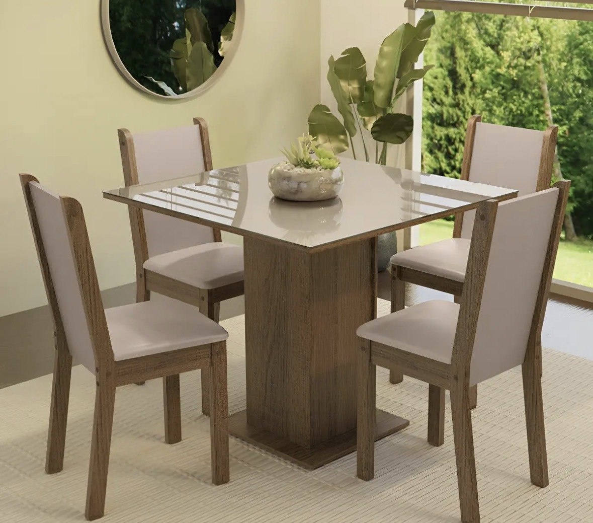 Sala De Jantar Mesa Tampo De Vidro 4 Cadeiras Tifani Madesa Cor RusticCremaSintético Bege XMMDJA040165