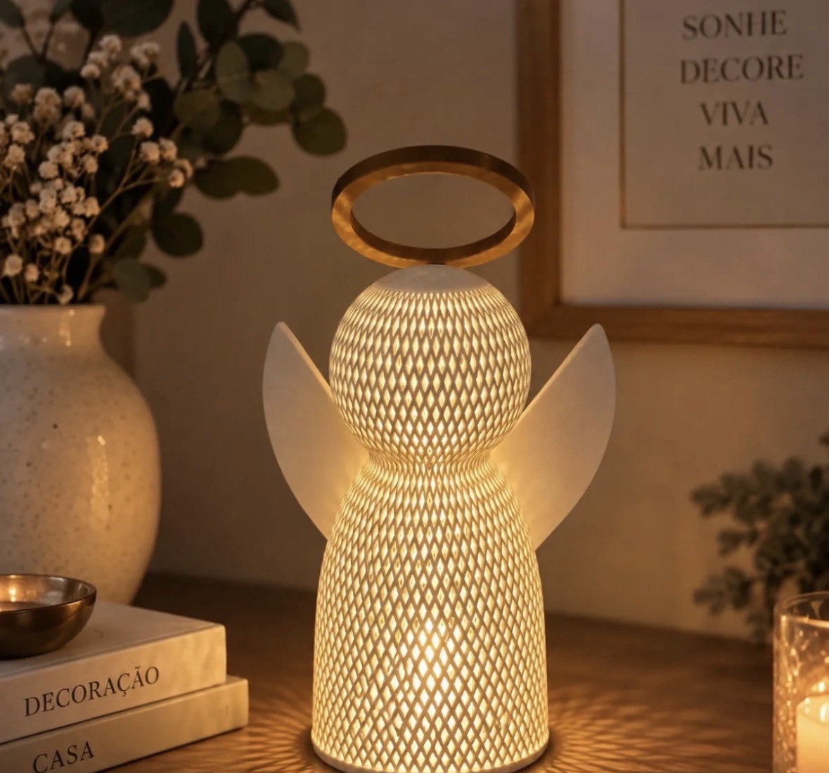 Anjo Natal Led Luminária Decorativa Mesa Presente 20cm