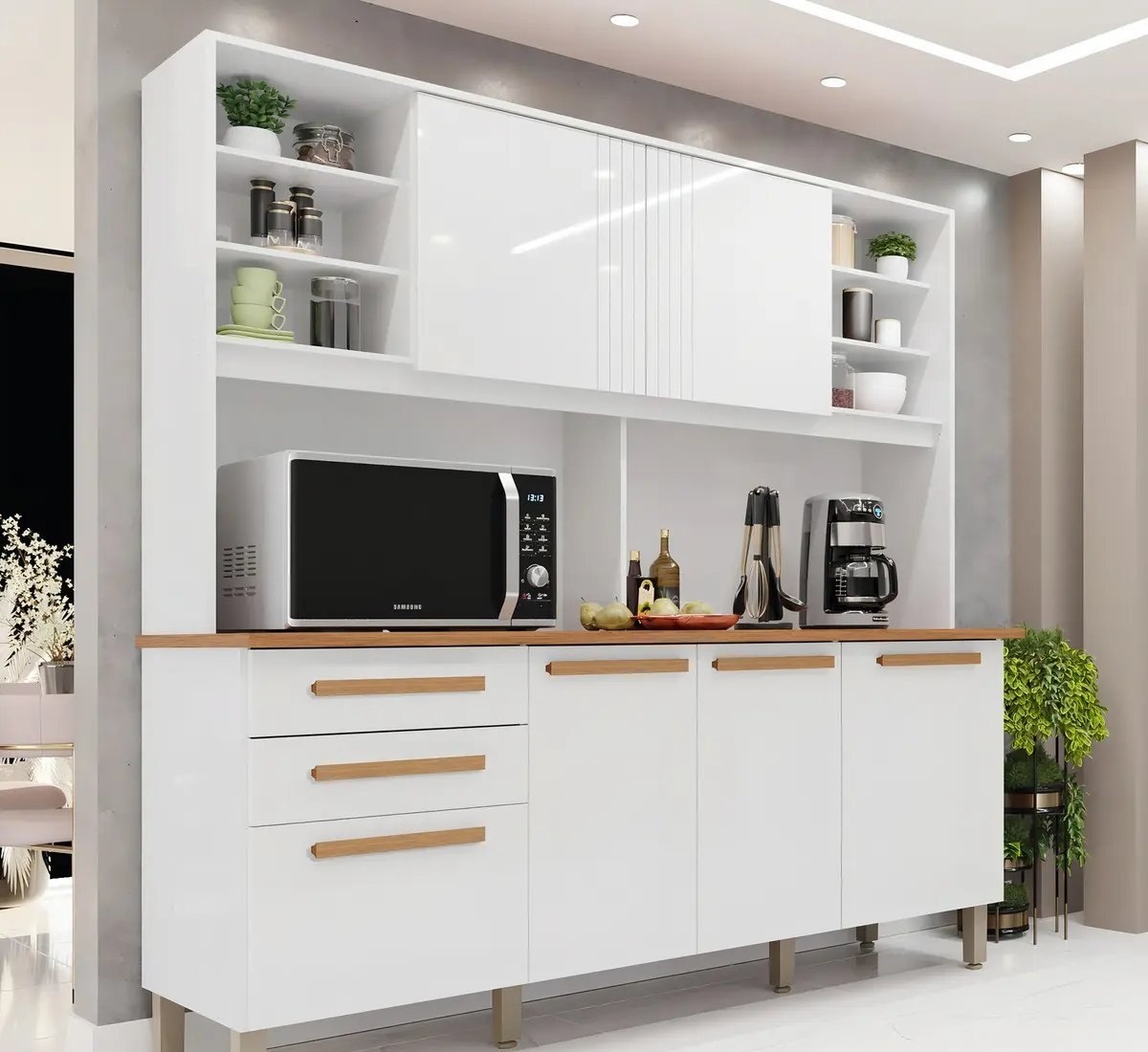 Armário de cozinha 6 portas 2 gavetas Adelle Yescasa jawt branco neve