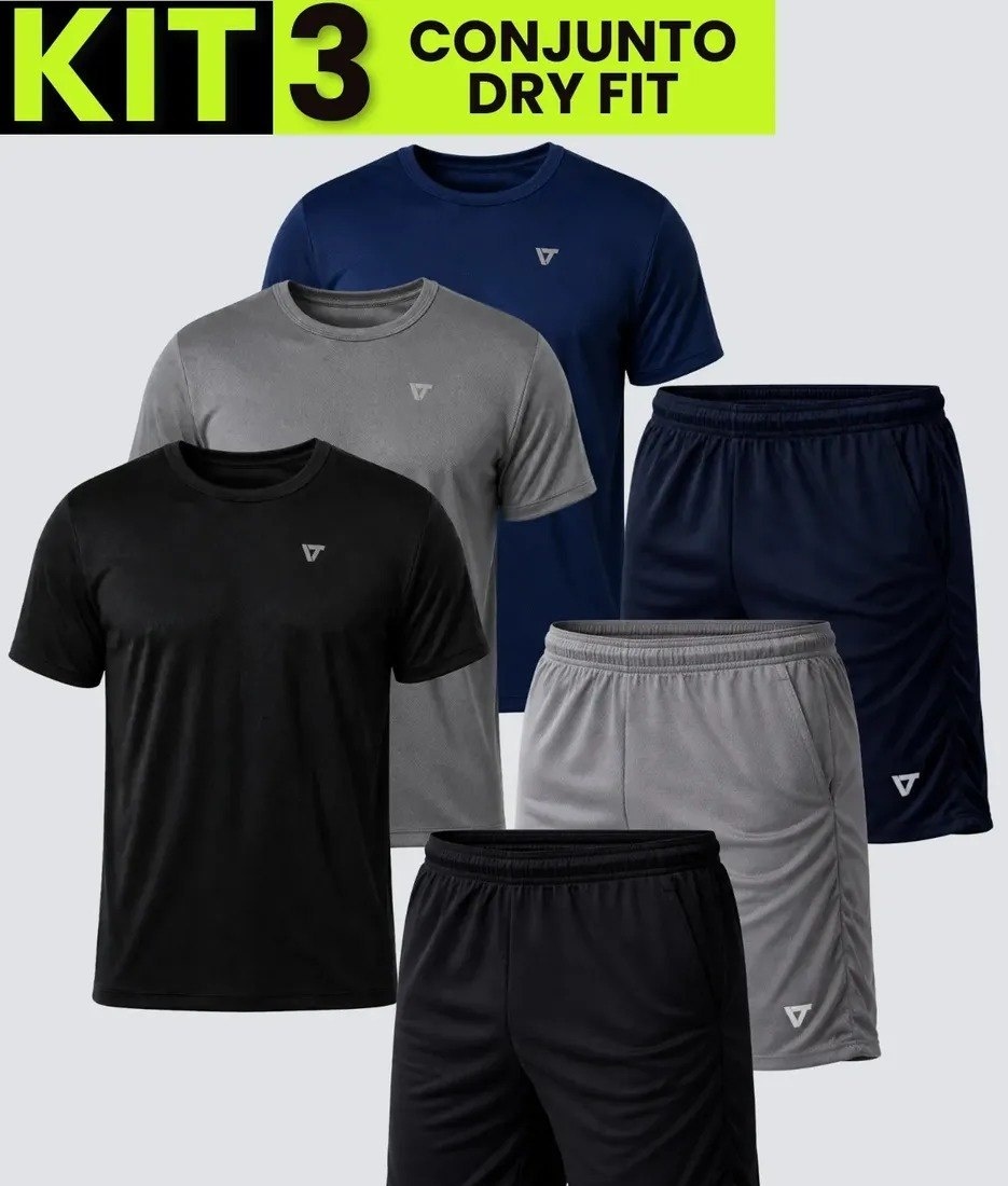 Kit Com 3 Conjuntos Academia Masculino Dry Fit Shortscamisa