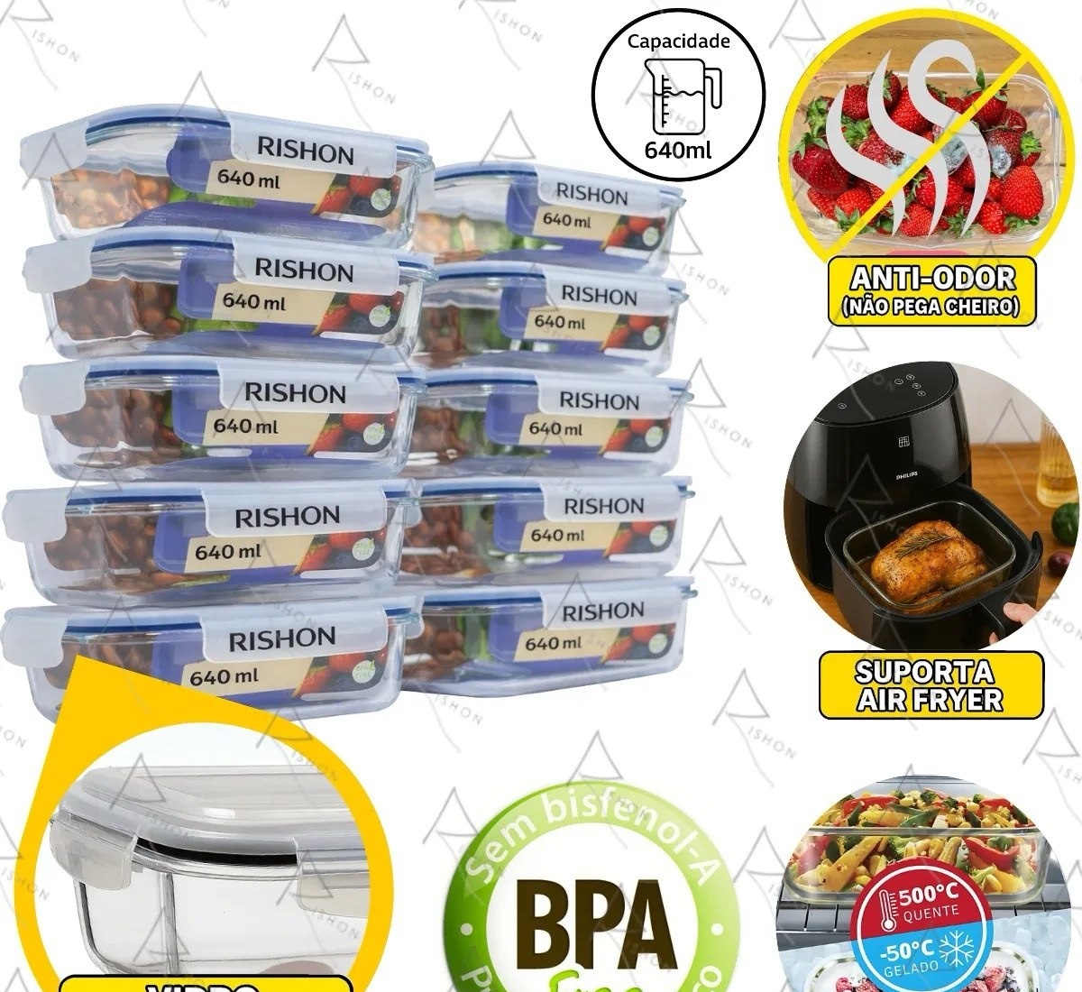 Kit 10 Pote De Vidro Marmita Hermético 640ml Freezer