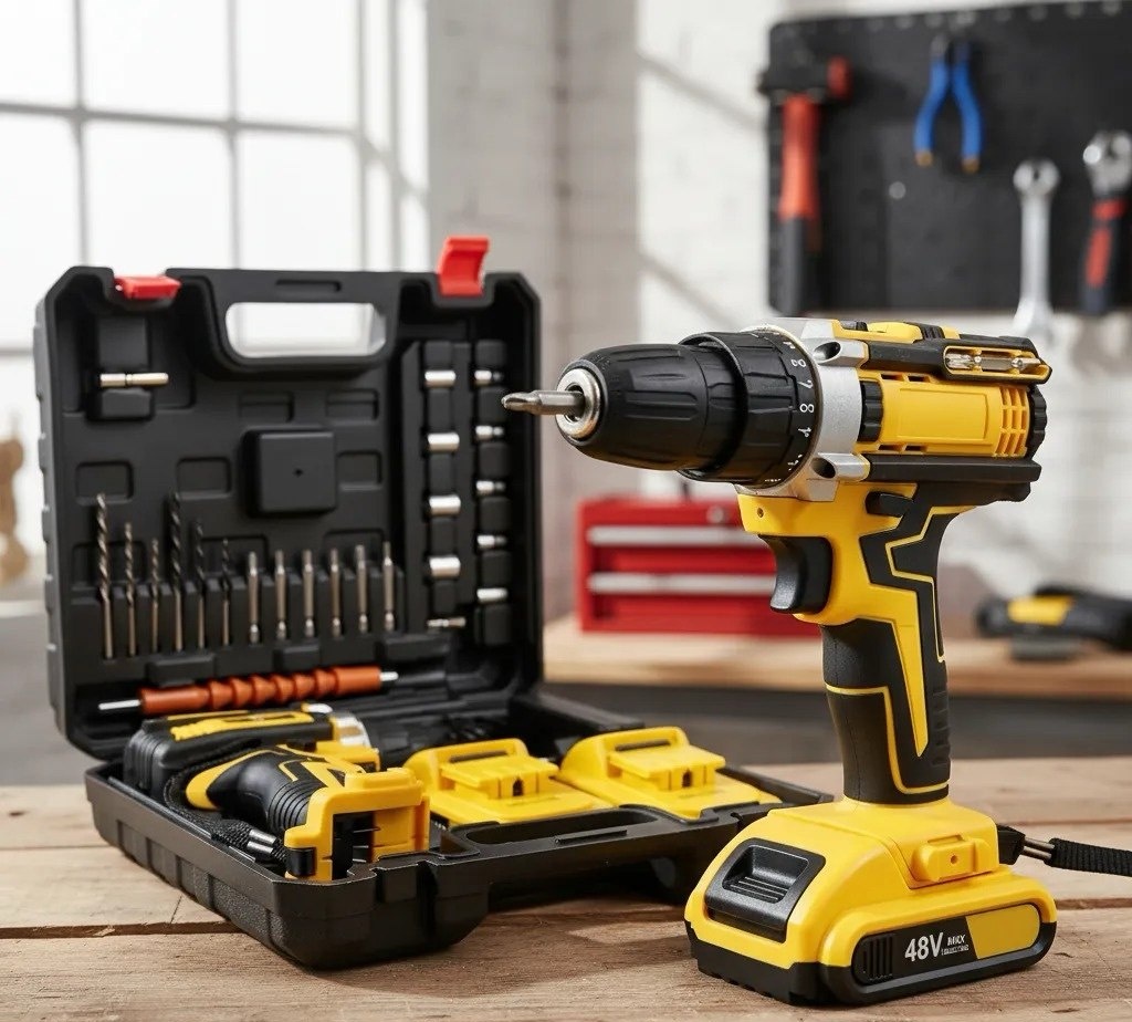 Parafusadeira Furadeira Impacto 3 Funções Sem Fio 2 Baterias Amarelo 50hz60hz