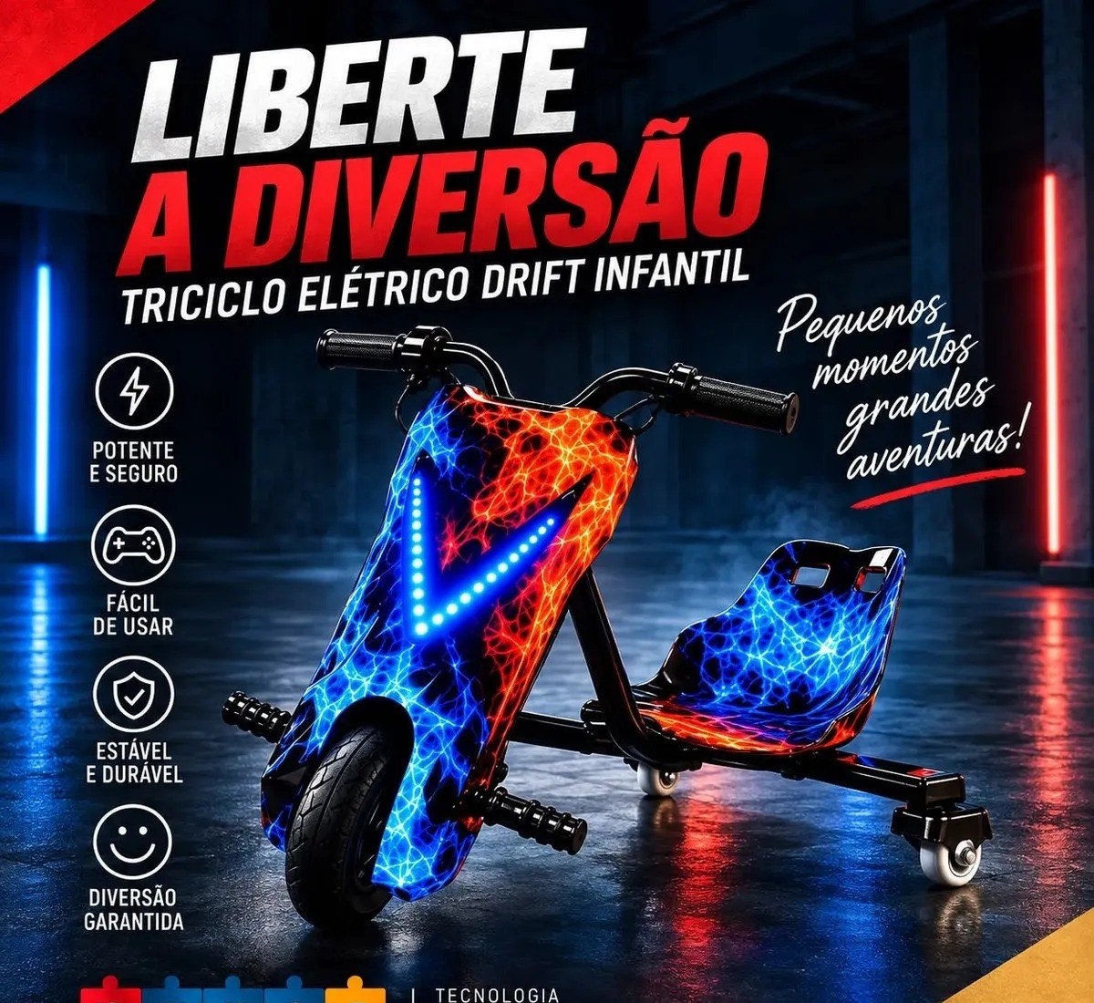 Patinete Elétrico Infantil Triciclo PARES Drift Bluetooth 3 Rodas Vermelho Diversão e Lazer  Kit de segurança