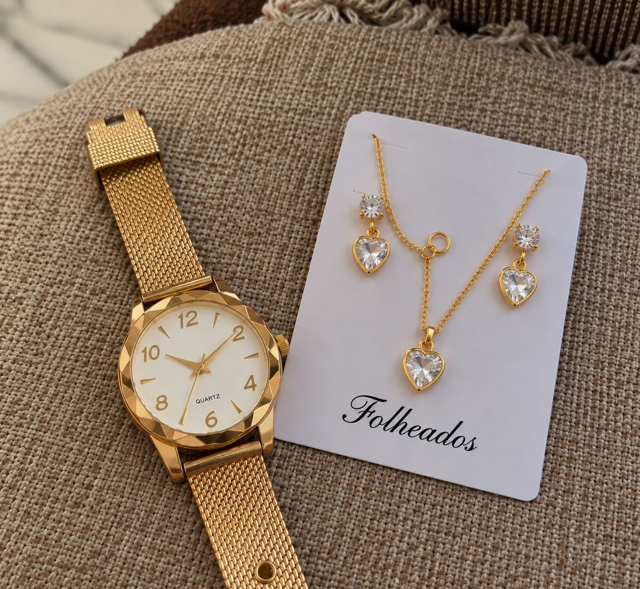 Relógio Feminino  Colar e Brincos Folheado 18k