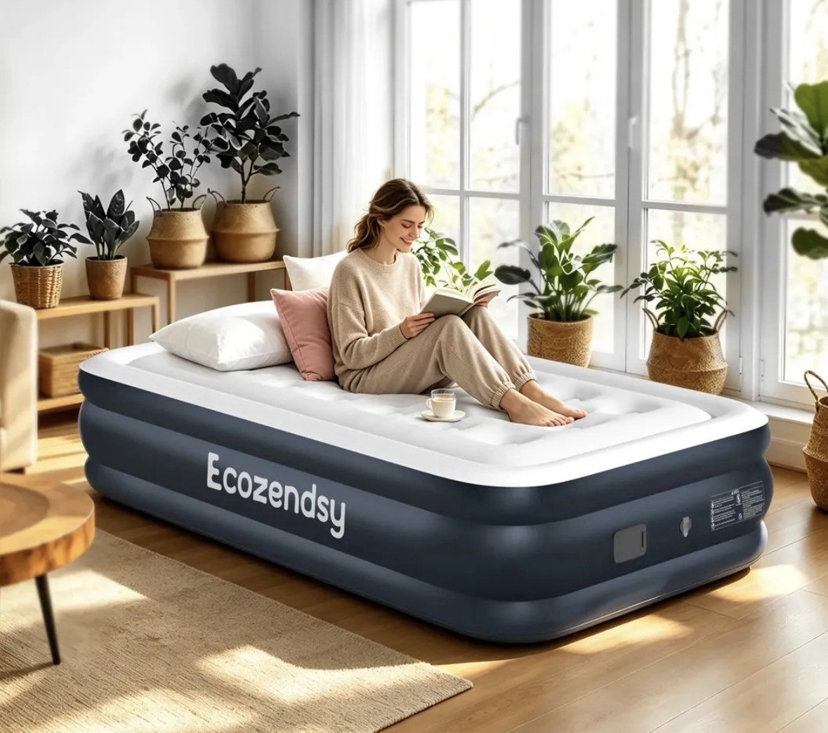 Ecozendsy Colchão Inflável Solteiro com Bomba Recarregável Embutida para Camping 19510043cm