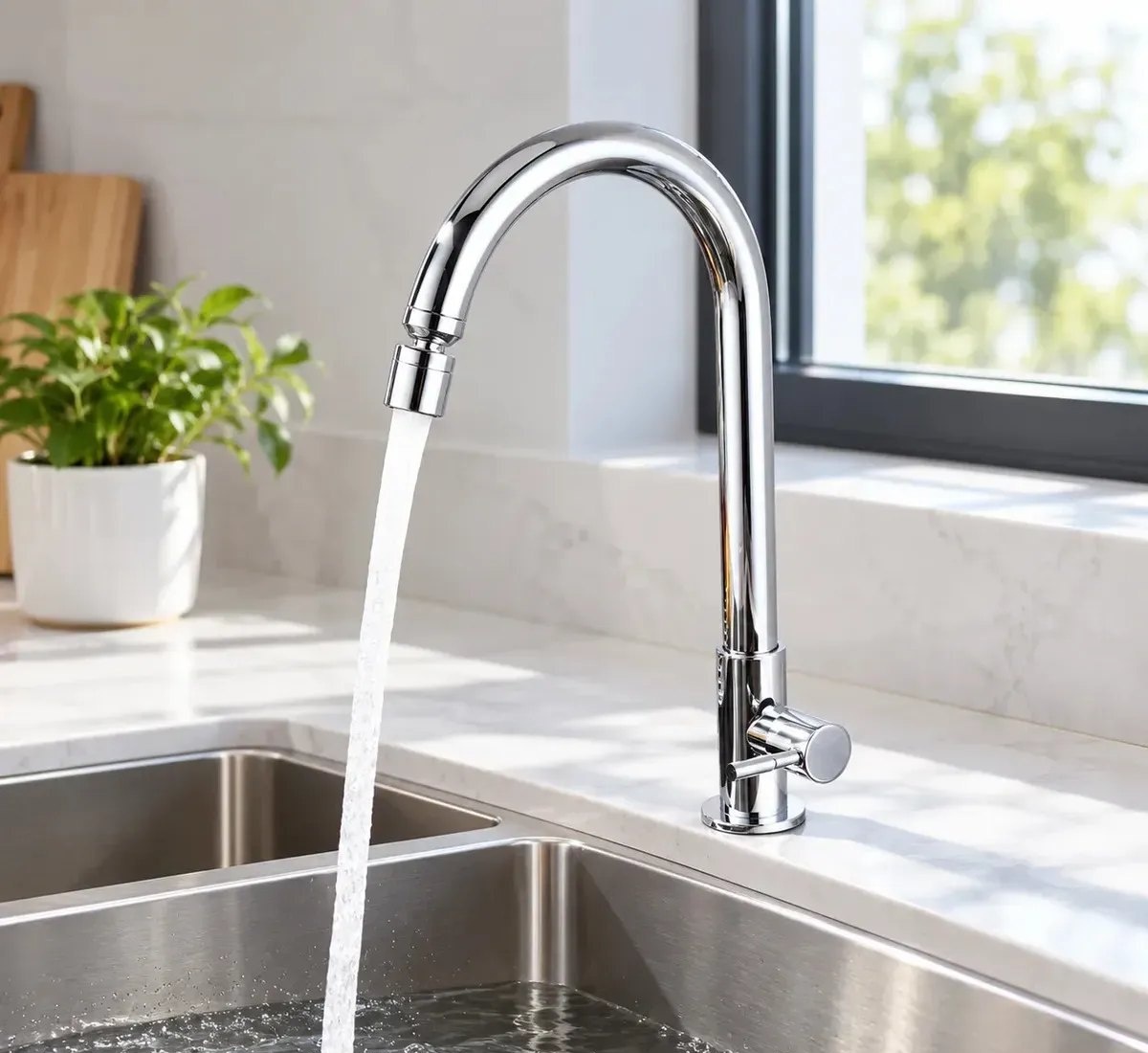 Torneira Cozinha Bancada Inox Cromada Água Fria Bica Alta e Corpo Giratórios com Arejador
