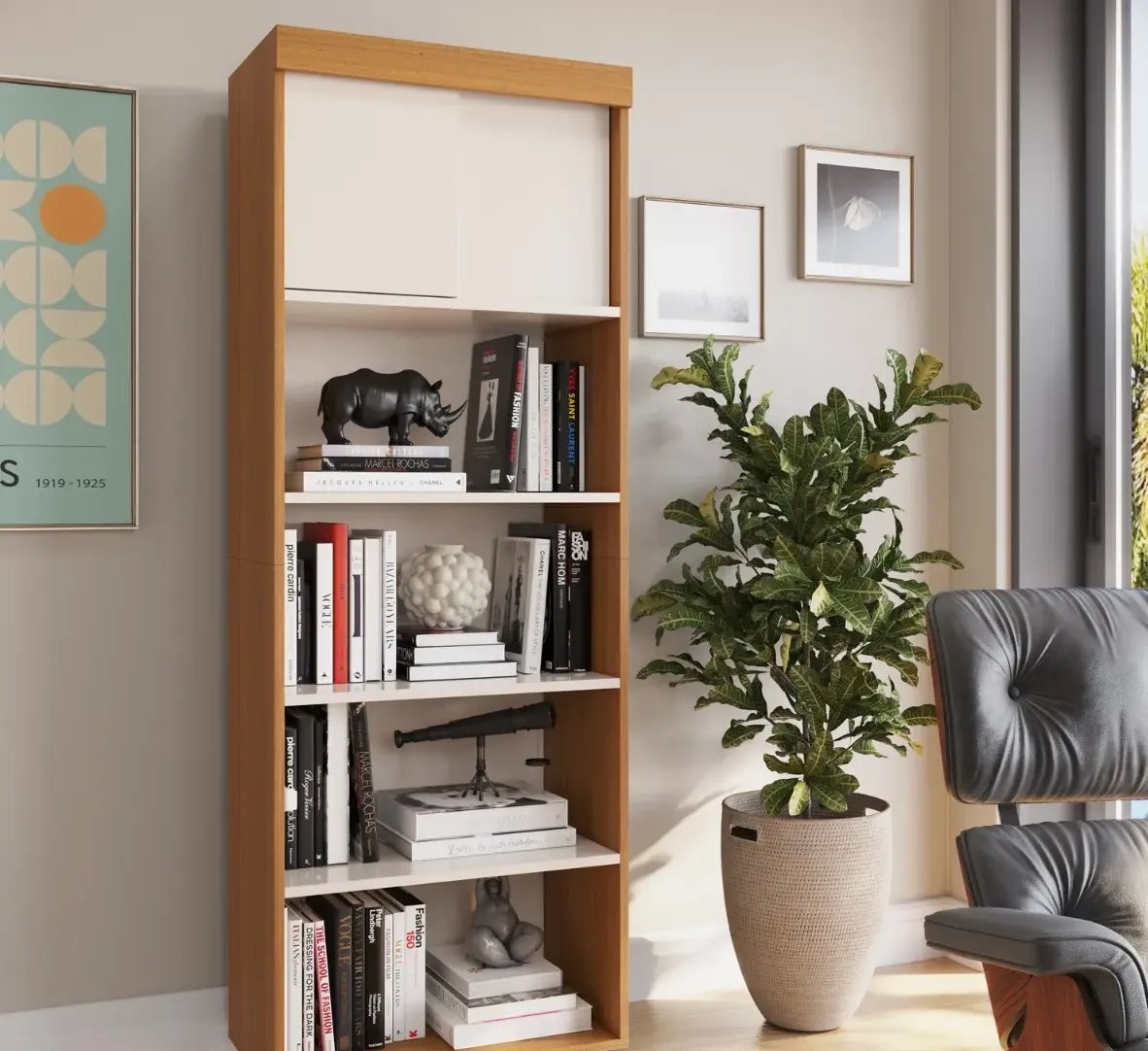 Estante para Livros com Portas 4 Prateleiras Organizador Livreiro para Sala Escritório Multiuso Cor CedroOff White