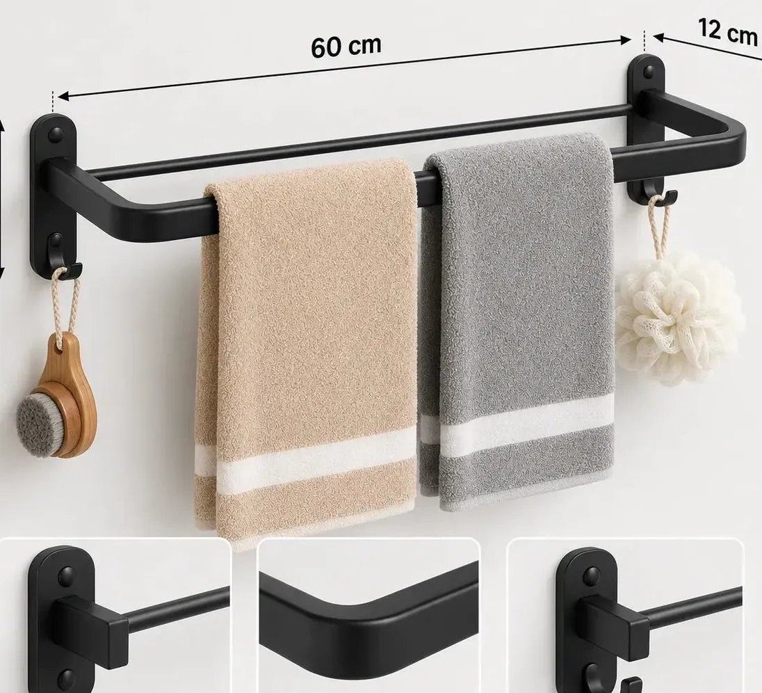 Porta Toalha para Banheiro de Parede Preto Fosco 60cm com Ganchos