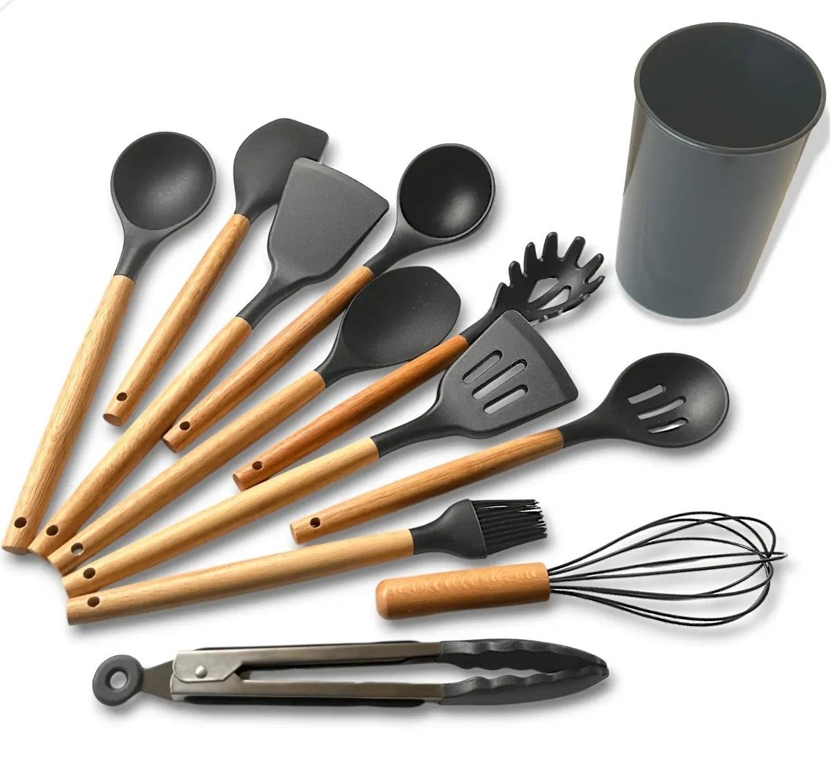 Kit C12 Utensílios De Cozinha Silicone Cabo Madeira