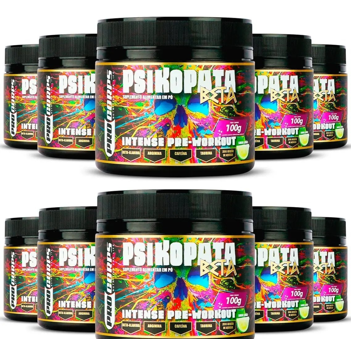 Pré Treino Psikopata Beta Pro Corps 100g Kit 10 Unidades Taurina Arginina