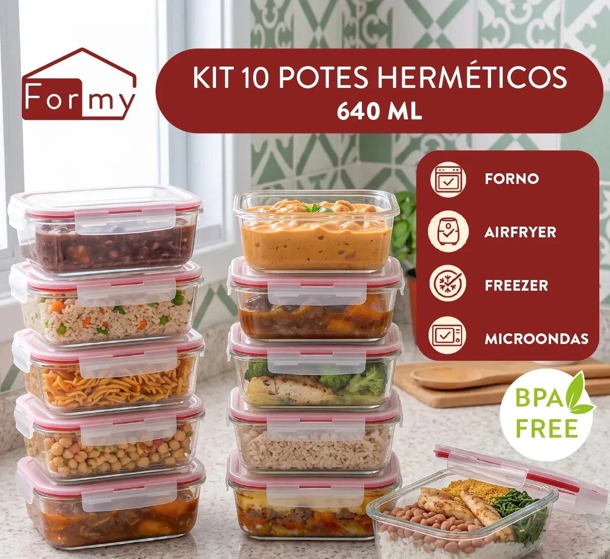 Kit 10 Potes Vidro Hermetico Vai Ao Forno Microondas 640ml