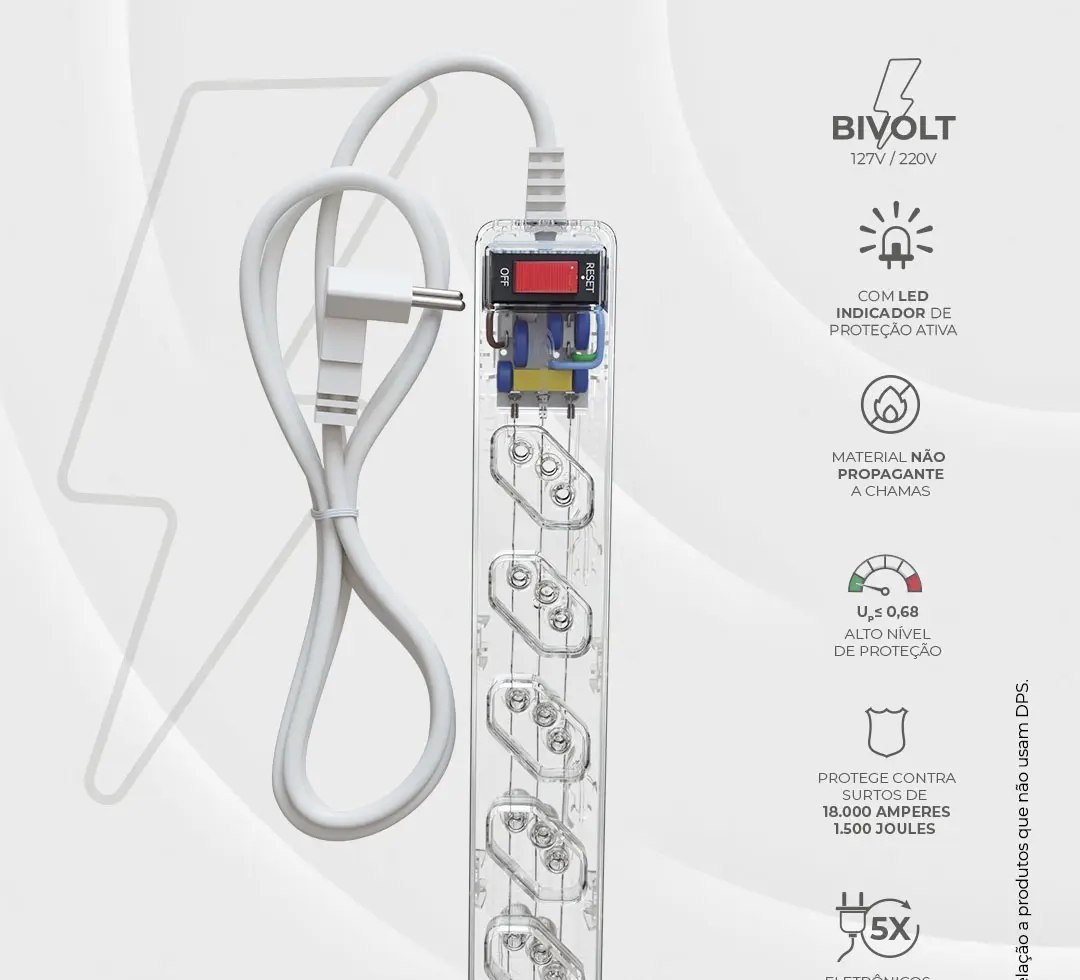 iCLAMPER Energia 5 Tomadas LCF Transparente Filtro de Linha e Protetor Elétrico DPS Bivolt