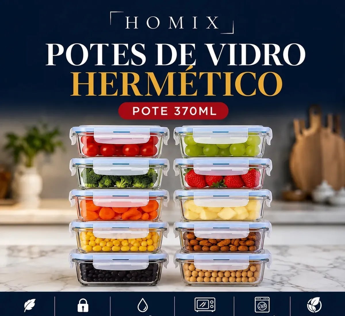 Kit 10 Potes Vidro Hermético 370ml Retangular 4 Travas Marmita Premium Homix