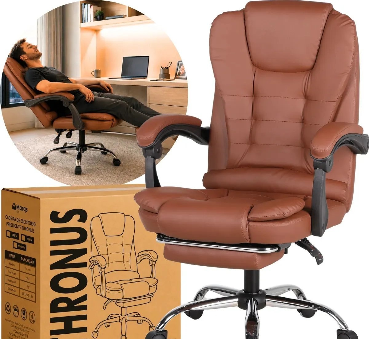 Cadeira Presidente Marqs Home Thronus Ergonômica de Couro Sintético Marrom com Apoio de Pés Reclinável