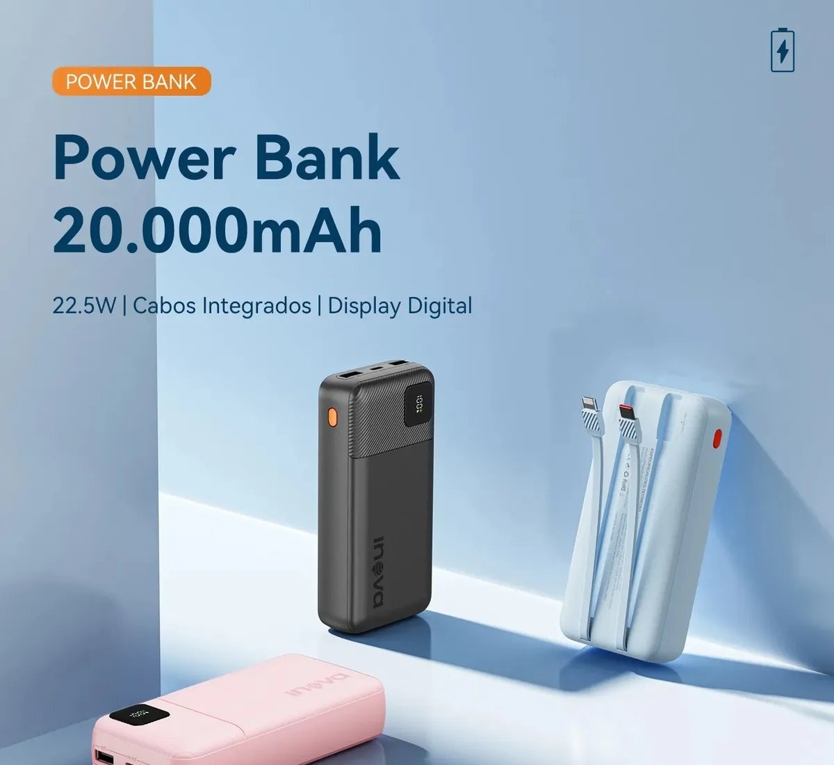 Carregador Portátil Power Bank Turbo inova 20000mah 22.5w Com Display Digital Usb-c  Usb-a